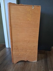Vtg. corner cupboard with distinctive scalloped cutouts – 3 Tier – Oak In Color