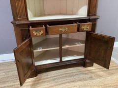 Antique Corner Cabinet Burled Wood Painted Interior 2 Pce Fluted Column Arched
