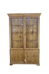 Rare English Knotty Pine Shallow Glazed Glass China Display Cabinet Cupboard 95″