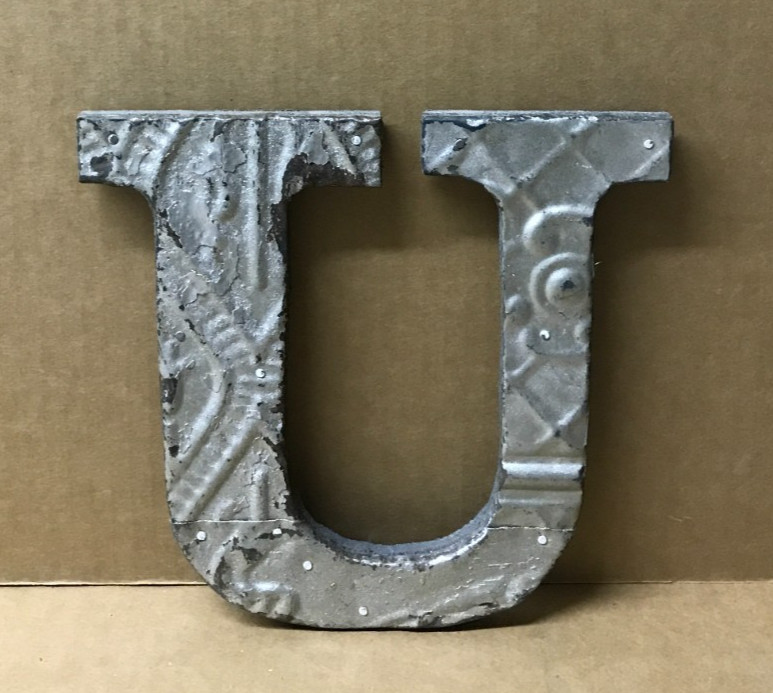 Decorative Salvaged Tin Ceiling 8″ Patchwork Shabby Silver Letter U Old 204-26B