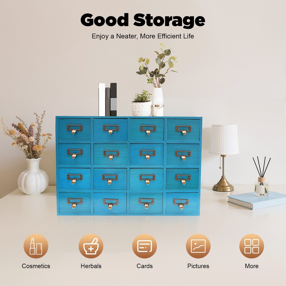 16 DRAWERS APOTHECARY CABINET BLUE HERB STORAGE BOX WOODEN DESK DRAWER ORGANIZER