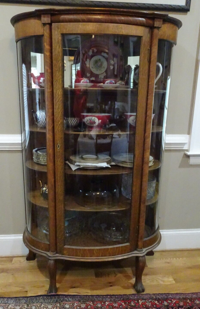Antique Tiger Oak Curved Glass 2 Pilliar Curio China Cabinet 5 Shelves