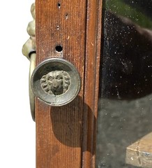 ANTIQUE GEORGE III OAK SPECIMEN OR VALUABLES CABINET WITH LION’S HEAD MOUNTS
