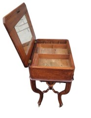 19th C. American Victorian Solid Walnut Sewing Cabinet Jewelry Box Stand /Mirror