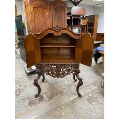 Late 1800’s Antique Cross Hatched Inlay Mahogany Cabinet with Key, Hand Carved