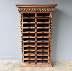 77″ Tall Antique French Apothecary Cabinet Solid Oak Carved with Compartments