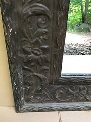 VTG Decorative Floral Tin Cove 46″ SQ. Tung Oiled Rust Metal Mirror Old 1053-23B