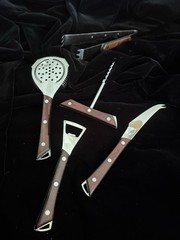 Vintage Bar Tool Set Ice Tongs Strainer Botle Opener Cork Screw Cheese Knife MCM