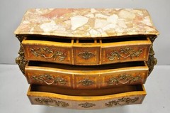 French Louis XV Style Inlaid Marble Top Bombe Commode Chest with Bronze Figures