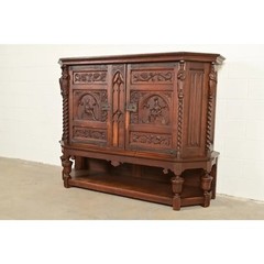 Antique French Gothic Revival Oak Bar Cabinet With Carved Figures, Circa 1890s