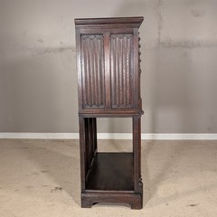 Antique French Gothic Carved Oak Cabinet Stand with Figural Panels Heraldic Door