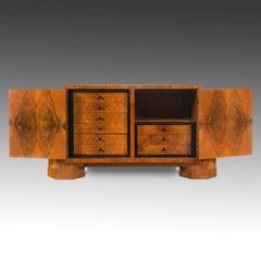 ART DECO CONSOLE CABINET BURLWOOD VENEER DRAWERS FRANCE OR USA EARLY 20TH C.