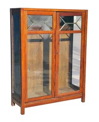 Antique Arts & Crafts Mission Oak Double Door China Cabinet with Leaded Panels