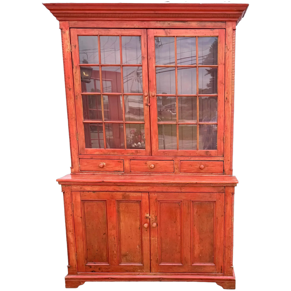 English One Piece Pine Step Back Cupboard in Red Wash