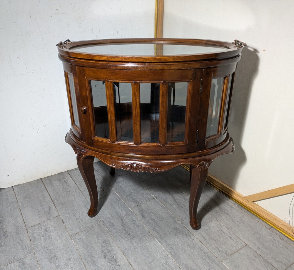 Vintage Mahogany Bar Liquor Curio Cabinet Table with Butler Tray w Beveled Glass