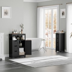 Bathroom Floor Cabinet Wood Free Standing Storage Organizer w/ 4 Drawers Black