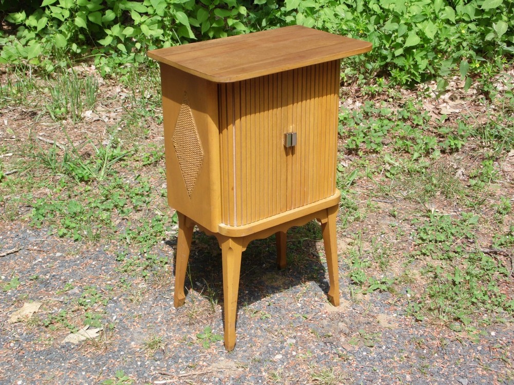 Vintage Mid Century Modern Blonde Tambour Door Cabinet Table Stand