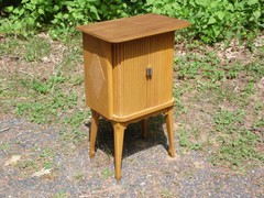 Vintage Mid Century Modern Blonde Tambour Door Cabinet Table Stand