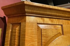 JP Callahan Custom Tiger Maple Two-Part Corner Cupboard with Shell Carving