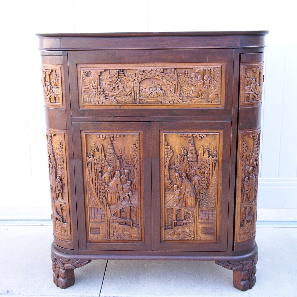 George Zee & Company Rosewood Dry Bar Cabinet 1963 Hand Carved