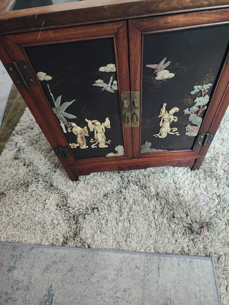 Vintage Chinoiserie Chinese Black Lacquer Hard Stone Finish Art Console Cabinet