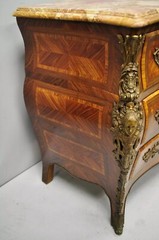 French Louis XV Style Inlaid Marble Top Bombe Commode Chest with Bronze Figures