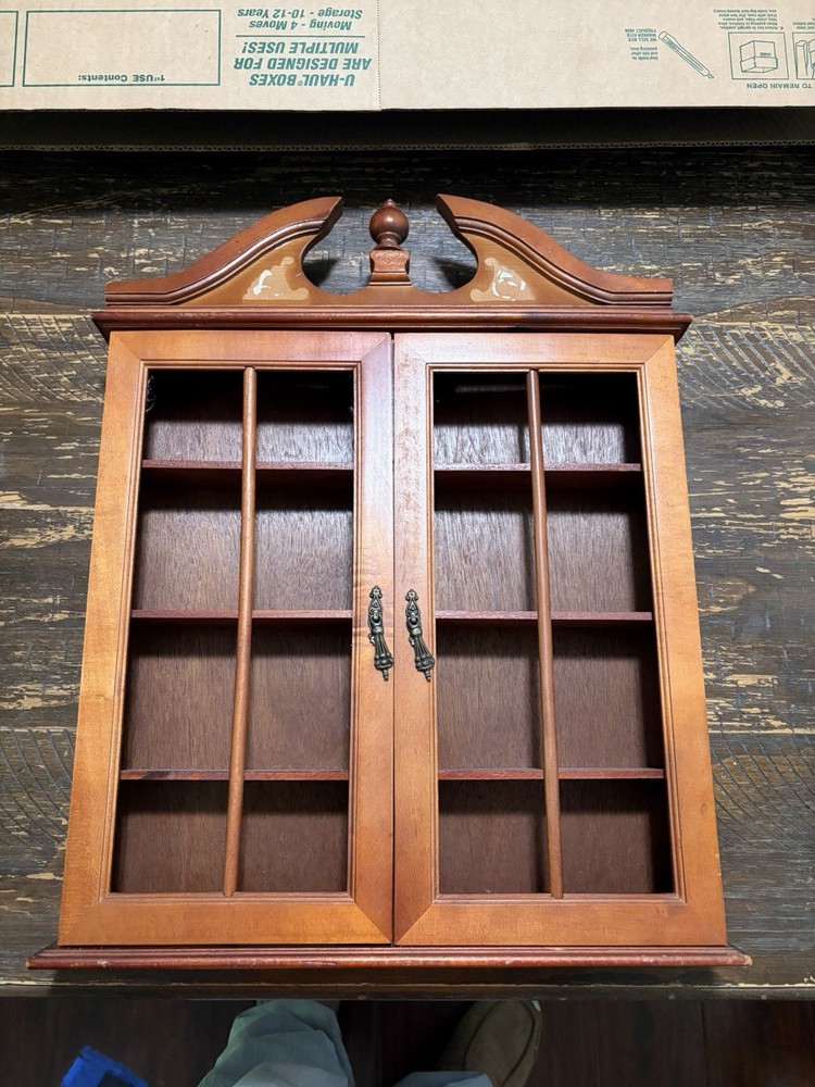 Antique Wall Mounted Wood Display Cabinet with Glass Doors and 4 Shelves