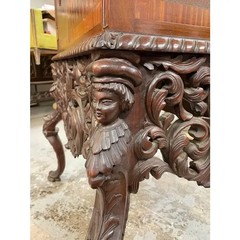Late 1800’s Antique Cross Hatched Inlay Mahogany Cabinet with Key, Hand Carved