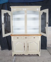 Vintage Country French Provincial Oak Buffet Deux Corps China Display Cabinet