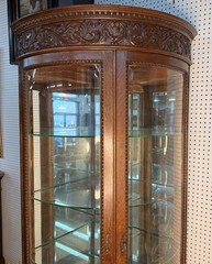 Antique Oak Corner Curio China Cabinet Beveled Glass Carved 80.75″ with Casters
