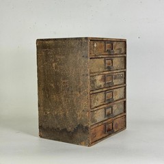 Antique Six Drawers Desktop Office Cabinet With Remnant Embossed Paper Over Wood
