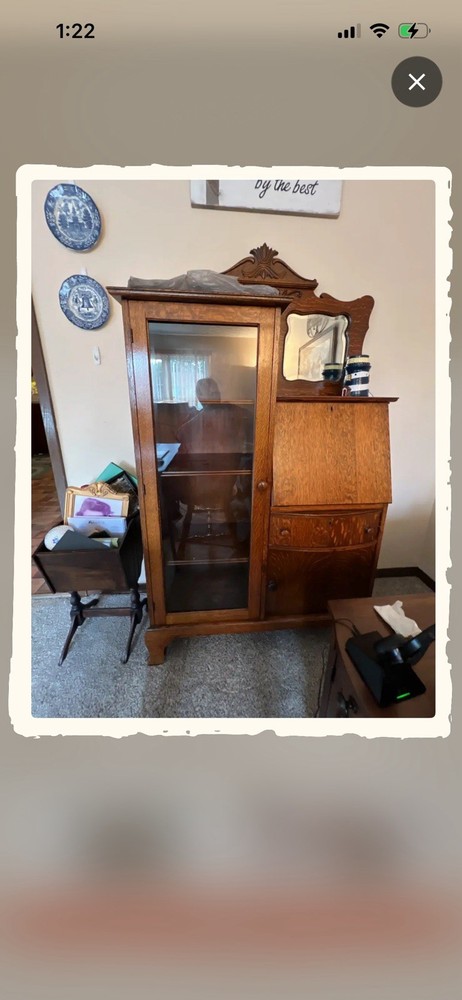 Antique Brown Wood Glass Front Display Cabinet w/ Mirror, Shelves 40x38x66