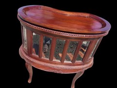 Vtg Bean Shaped Bar Liquor Curio Cabinet Table w Beveled Glass and Butler Tray