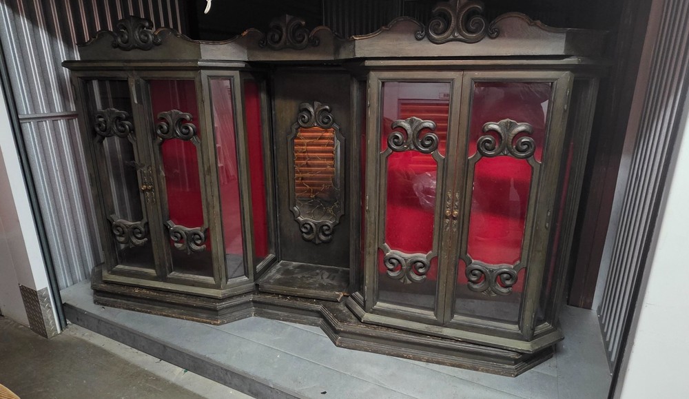 Antique 108” Breakfront China Cabinet w/ Mirror, Crown & Glass Shelves – Pickup