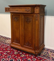 Antique French Double Door Cabinet Cupboard Carved Honey Oak Drawer early 20th