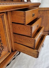 Magnificent 1900s French Quarter Sawn Oak Buffet – Medieval & Scholarly Carvings