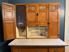 Sellers Antique Oak Hoosier Cabinet, Built-in Flour Sifter, Glass Sugar & Spice