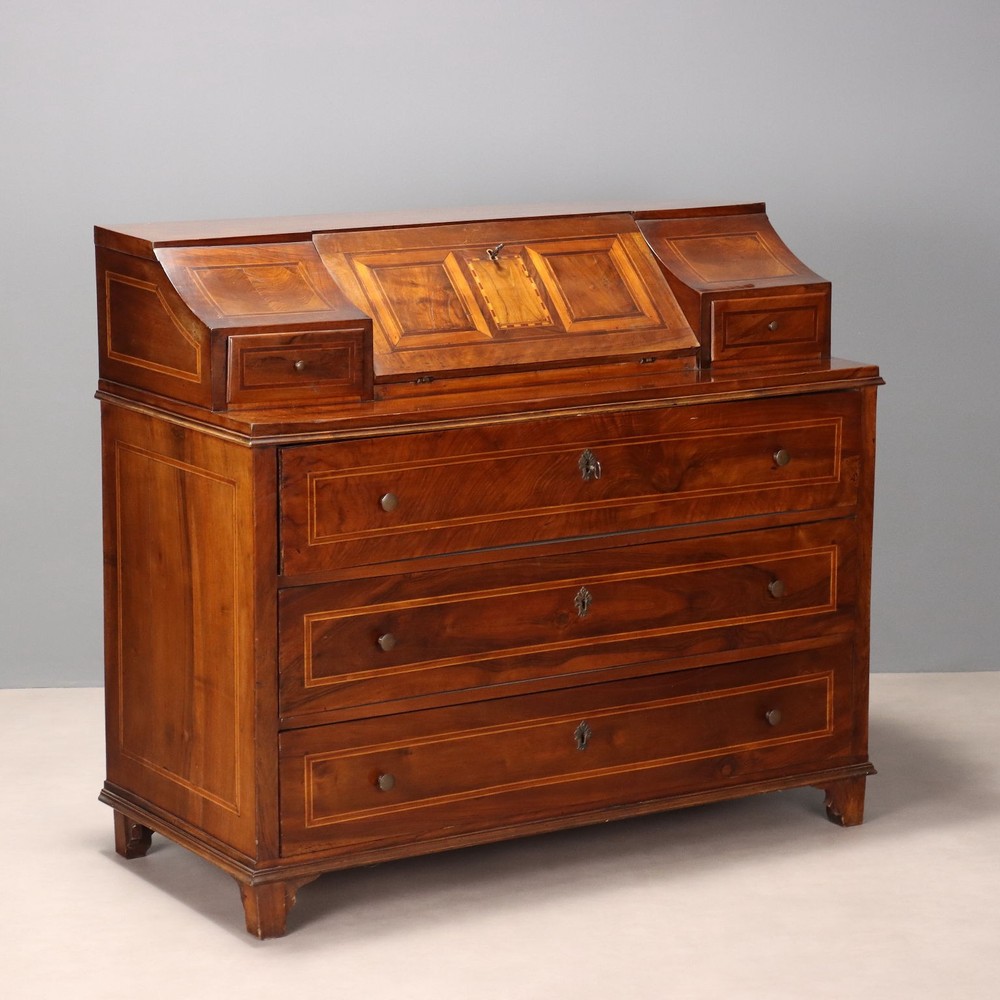Antique Flap Cabinet Maple Bronze 5 Drawers Italy XIX Century Original