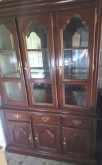 Antique American Colonial Cherry Wood Wavy Glass Door China Cabinet Hutch