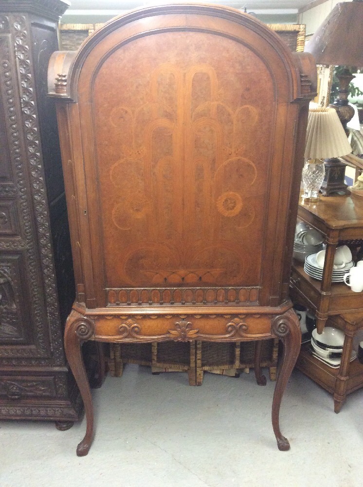 Vintage 1930’s Art Deco Burled Walnut Inlayed and Carved China Cabinet