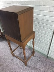 ANTIQUE VTG WOOD RECORD ALMBUM LP STAND CABINET 42.5” TALL X 17 X 12 3/4” DEEP
