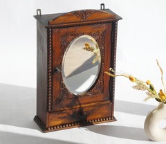 Art Deco Antique Dark Wooden Apothecary, Small Mirror Cabinet Floral Carved