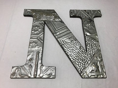 Decorative Salvaged Tin Ceiling 16″ Patchwork Silver Metal Letter N Old 1626-23B