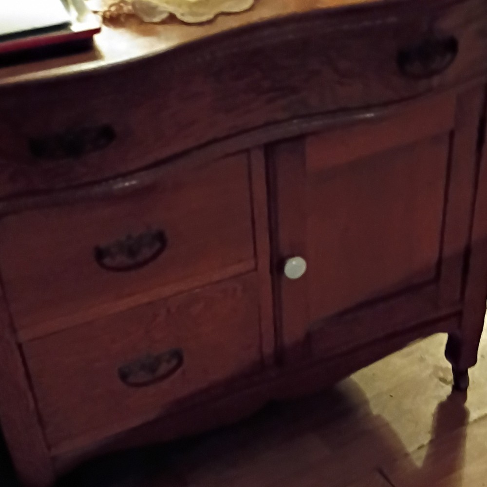 Antique Brown Stained Wood Cabinet 2 Drawers 1 Door Raised Panel 40x24x50