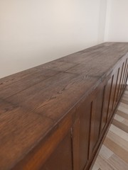 113.75″ Antique English Oak Shop Counter Kitchen Island Sideboard Cabinet Bar