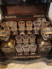 French Napoleon III Walnut and Bras Tantalus Liquor Cellar Cabinet w/ 15 glasses