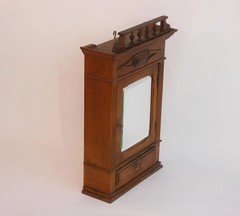 Antique Small Wooden Oak Cabinet with Beveled Mirror and Carved Ornaments