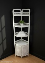 Vintage White Wicker Corner Etagere Cabinet 4 Shelves, Two Door Cabinets Base