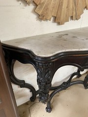 Antique French Louis XV Ebonized Bowfront Console Table w/ White Marble Top