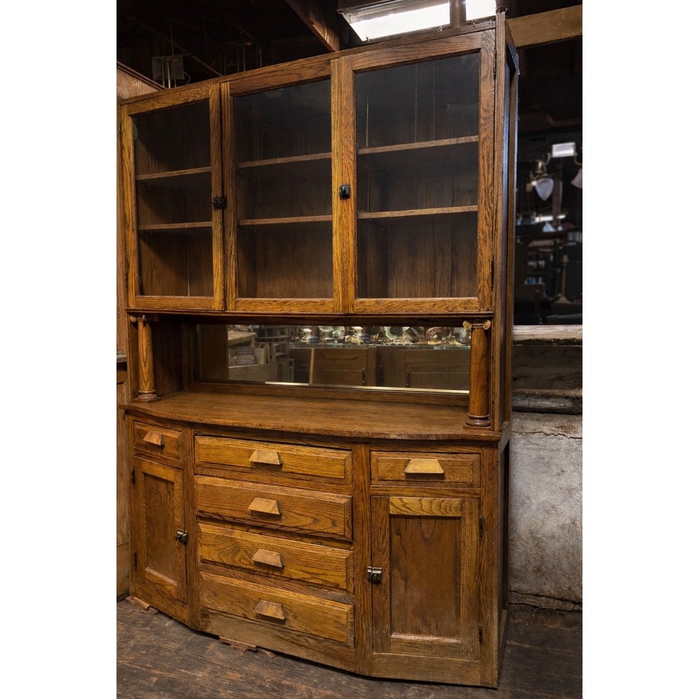 Antique Oak Cabinet – Glass Display Hutch w/ Mirror Back & Storage Base